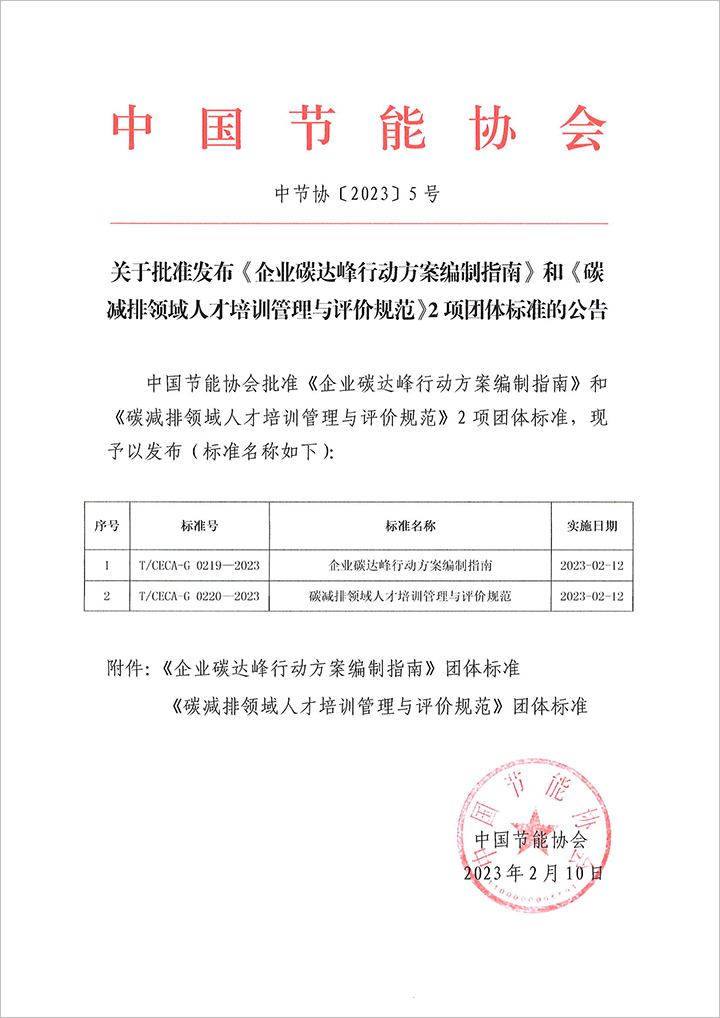 关于批准发布《企业碳达峰行动方案编制指南》和《碳减排领域人才培训管理与评价规范》2项团体标准的公告 0213.jpg